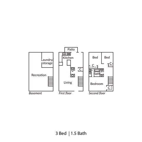 a floor plan with three bedrooms and a baths